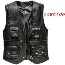 Cowhide Genuine Leather Vest Men Brown Waistcoat Male Sleeveless Jacket Thick Motorcycle plus size Multi Pocket Zipper 210923