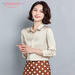 Aelegantmis Elegant Satin Women Blouse Long Sleeve Turn-down Collar Office Shirt Female Casual Blouses Loose Ladies Shirts Tops 210607