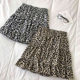 Leopard print floral chiffon a-line skirt female summer Korean elastic waist Ruffles for womens stitching short 210420