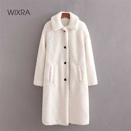 Wixra Womens White Coat Ladies Singled Breasted Long Outwear Jacket Pockets Solid Lamb Wool Overcoat Winter Spring 211019