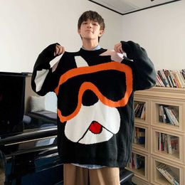 autumn winter men's sweater students Korean fashion cartoon dog print O-neck pullover trend hip hop streetwear 210526