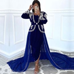 Chic Women Blue Evening Dresses 2021 Long Sleeve Velvet Dubai Abaya Party Gown Kaftan Moroccan Mariage Lace Karakou Algerien Foral Prom Dress Robes De Soirée