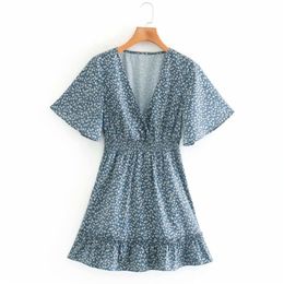 Summer Women Vintage Dress Short Sleeve V-Neck Elastic waist Floral Print Mini es Female Elegant A-Line vestidos 210513