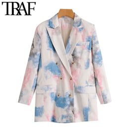 TRAF Women Fashion Double Breasted Tie-dye Blazers Coat Vintage Long Sleeve Pockets Female Outerwear Chic Tops 210415