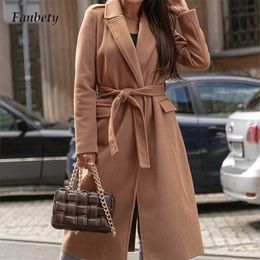 Women Loose Blend Wool Long Overcoat Winter Elegant Fashion Street Tops Cardigan Jacket Autumn Lady Long Sleeve Belted Outerwear 211019