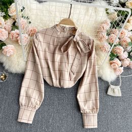 SINGREINY Women Retro Plaid Blouse Korean Style Bow Stand Collar Puff Sleeve Casual Tops Summer Fashion Streetwear Blouses 210419