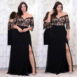 Sexy Black V-neck Prom Dresses Long Sleeve Full Length High Slit Lace Formal Evening Gowns Custom Made Plus Size Women Special Occasion Dress