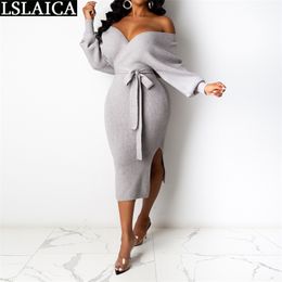 Elegant Maxi Dresses for Women Fashion Solid Long Sleeve V Neck Sweater Autumn Winter Plus Size Sashes Mid-Calf 210515