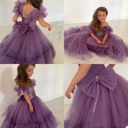 Flower Pretty Girl Dresses for Weddings Party Gowns Bow Tiered Tulle Ruffle Floor_length Lace Sequins Appliques First Communion Birthday Dress
