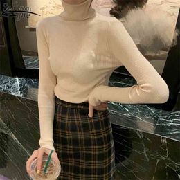 white cotton turtle neck UK - Knitted Sweater Turtleneck Women Autumn Female Pullover Long Sleeve Solid Slim Cotton Clothes Sueter Mujer 10607 210421