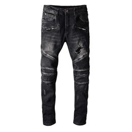 Men's Jeans 1089 high street white three-dimensional cut dark zipper locomotive personalized wrinkle elastic Slim small leg jeans