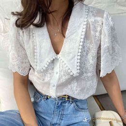 Women elegant party White Lace Mesh Embroidery Blouse Lapel short Sleeve Loose Shirt Fashion Summer 16F1306 210510