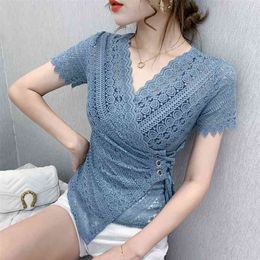 summer lace top female short-sleeved t-shirt sexy V-neck tie rope fashion Polyester Casual Solid 210416