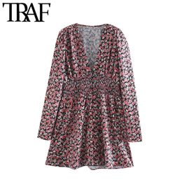 TRAF Women Chic Fashion With Elastic Waist Floral Print Mini Dress Vintage V Neck Long Sleeve Female Dresses Vestidos 210415