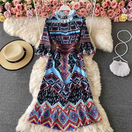 Summer Fashion Print Vestidos Women's Slim and Thin Stand-up Collar Trumpet Sleeve Temperament Fishtail Midi Dress C649 210506