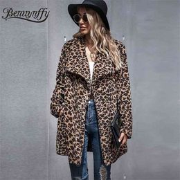 Autumn winter Leopard Print Faux Fur Coat Women M-Long Warm Plush Teddy Female Casual Pockets Overcoat s 210510
