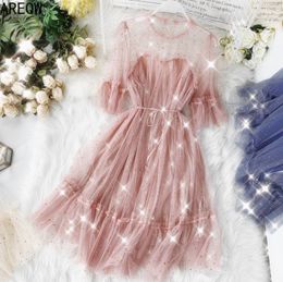 Celebrity Inspired Sequined Star Mesh Dress Round Neck Short Sleeve Waist Hugging Lace-up Dress 210507