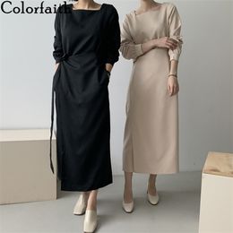 Colorfaith New Women Autumn Winter Dresses Square Collar Lace Up Vintage Elegant Korean Style Wild Lady Long Dress DR1282 210409