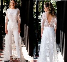 Bohemian Lace Wedding Jumosuit with Train 2021 Jewel Neck Backless Boho Beach Country Bridal Gown Quarter Sleeve Pant Suit