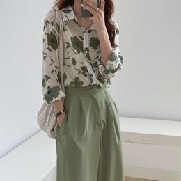 Streetwear Green Leaves Chiffon Girls All Match OL Gentle Korean Chic Stylish Women Office Lady Shirts 210421