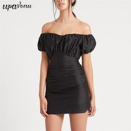 Free Chic Women's Bodycon Draped Dress Sexy Card Shoulder Short Sleeve Black Mini Club Party Vestidos 210524