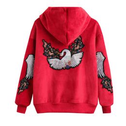 Black Red Animal Applique Hoodies Pullovers Plus Size Thick Fleece Winter Casual Crane H0038 210514