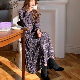 Floral Print Chiffon Dress High Waist Vintgae Dress Purple Long Flare Sleeve Pleated Dresses Ruffled Midi Long Dresses 14153 210528