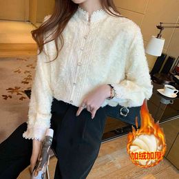 Women Blouse Long sleeve Winter Thickened Plus velvet Lace Stitching Half-Stand Collar Chiffon Top Shirts 906B 210420