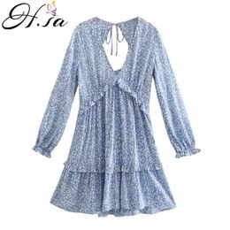 Summer Robe Dress Long Sleeve Floral Party Ruffles Vestidos Backless Hollow Out Blue Cake Cute Streetwear Korean 210430