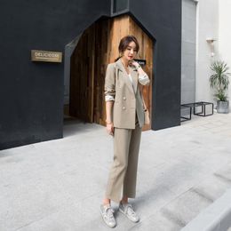 Casual Solid Women Pant Suits Notched Collar Blazer Jacket & Pencil Female Autumn Spring 210514