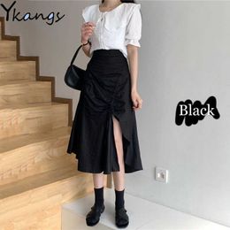 Summer Black Gothic Pleated Skirts Ladies korean Irregular split Skirt Women Elegant High Waist Drawstring Jupe Femme falda 210619