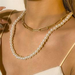 2Pcs/Set Vintage Imitation Pearl Link Chain Choker Necklace Exaggerated Goth Large Long Paperclip Chain Necklace Women Jewellery
