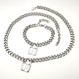 Mens Cool Jewellery Set Stainless Steel Lock Pendant Charms bracelet + necklace Curb Chain For Friends Gifts 24''+9'' 10mm wide