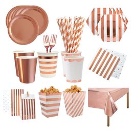 Disposable Dinnerware Party Tableware Set Rose Gold Paper Plates Napkins Straws Cups Wedding Birthday Decoration Kids Supplies