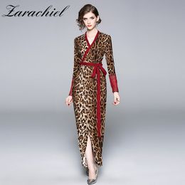 Fashion Leopard Print Wrap Autumn Women Sexy V Neck Bow Tie Sashes Bodycon Female Elegant High Split Maxi Dress 210416