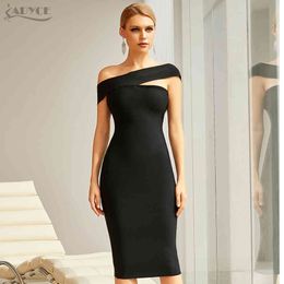 Summer Women Black Off Shoulder Bandage Dress Sexy Short Sleeve Knee Length Celebrity Evening Runway Party 210423