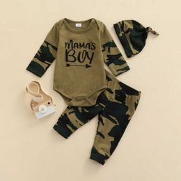 2 Pieces Baby Boy Suit Set, Letter Print O-neck Long Sleeve Romper+ Camouflage Print Trousers+ Hat for Spring Fall, 0-18 Months G1023