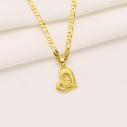 18k Solid Yellow Gold GF Vogue girl inside outside Heart Pendant Italian Figaro Link Chain Necklace 24" 3 mm