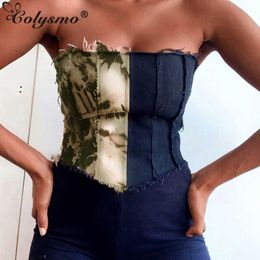 Colysmo Tie Dye Tank Top Cut out Lace up Strapless Patchwork Short Bustier Tops Streetwear Women Sexy y2k Clothes Club Outfits 210527