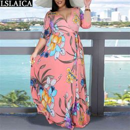 Women's Deep V-neck Dress Floor-Length Casual Thigh Slit Bohemian Beach Style Loose Half Sleeve Large Swing 210515