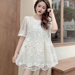 Fashion Chic Two Piece Set Women's Lace Embroidery Short Sleeve Blouse Tops And High Waist Wide leg Shorts Female Outfits 210518