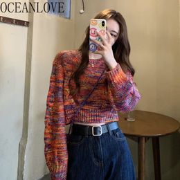 Vintage Pull Femme Hiver Rainbow Striped Japanese Girls Fashion Mujer Sueteres Autumn Winter Sweaters Women 19136 210415