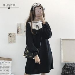 Japanese Cute Fashion Black Dress Women Korean Kawaii Bow Lace Gothic Harajuku Style Stand Collar Girls Lolita Mini 210520
