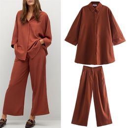 Women Summer Solid Suits 2-piece sets Loose Blouses Tops and Wide Leg Pants Female Fashion Street Clothes 210513