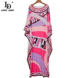 Summer Fashion Bohemian Print Dress Designer Women O-Neck Batwing Sleeve Loose Ladies Floor Length 210522