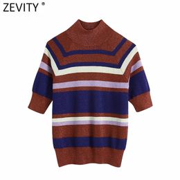 Women Vintage Turtleneck Collar Colourful Striped Slim Knitting Sweater Female Short Sleeve Chic Pullovers tops S611 210420