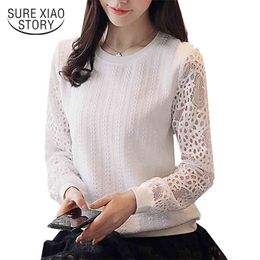 spring long sleeved blouses women tops casual slim lace patchwork shirts hollow solid o-neck clothing D295 30 210521