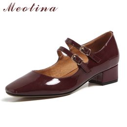 Meotina Buckle Genuine Leather Mid Heel Pumps Women Shoes Square Toe Chunky Heels Mary Janes Footwear Lady Autumn Black Size 40 210520