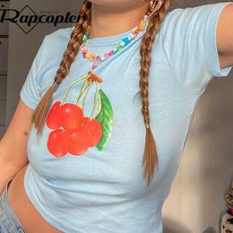 Rapcopter Cute Printed Crop Top y2k Blue T Shirt Short Sleeve Pullovers 90S Women Summer Tshirt Harajuku Streetwear Sweet Tee Y0629
