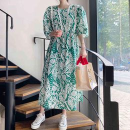 Women Green Causal Lace Contrast Color Floral Print Dress O-neck Half Puff Sleeve Loose Fashion Summer 456 210510